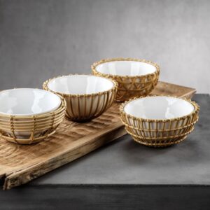 Wicker and Bamboo Condiment Bowl Set - 4 Assorted